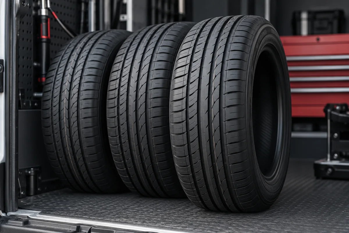 Illustrative close-up of new car tyre treads inside a mobile workshop